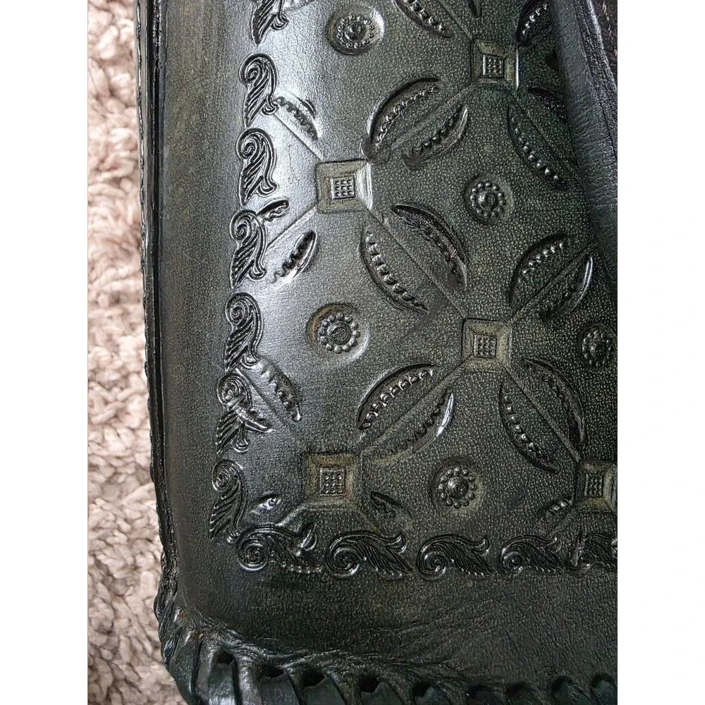 Vtg Green Hand Tooled Whipstitch Trim Tote Shoulder Bag Structured 12x14x4